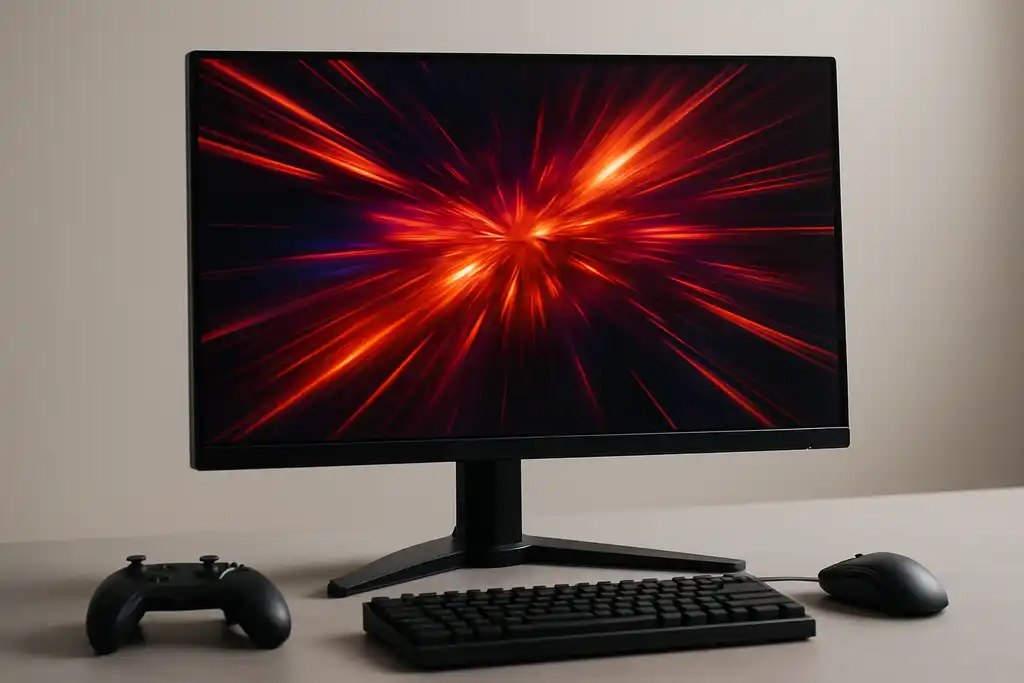 Editorial photograph of a gaming monitor displaying a fast-motion abstract pattern on a desk
