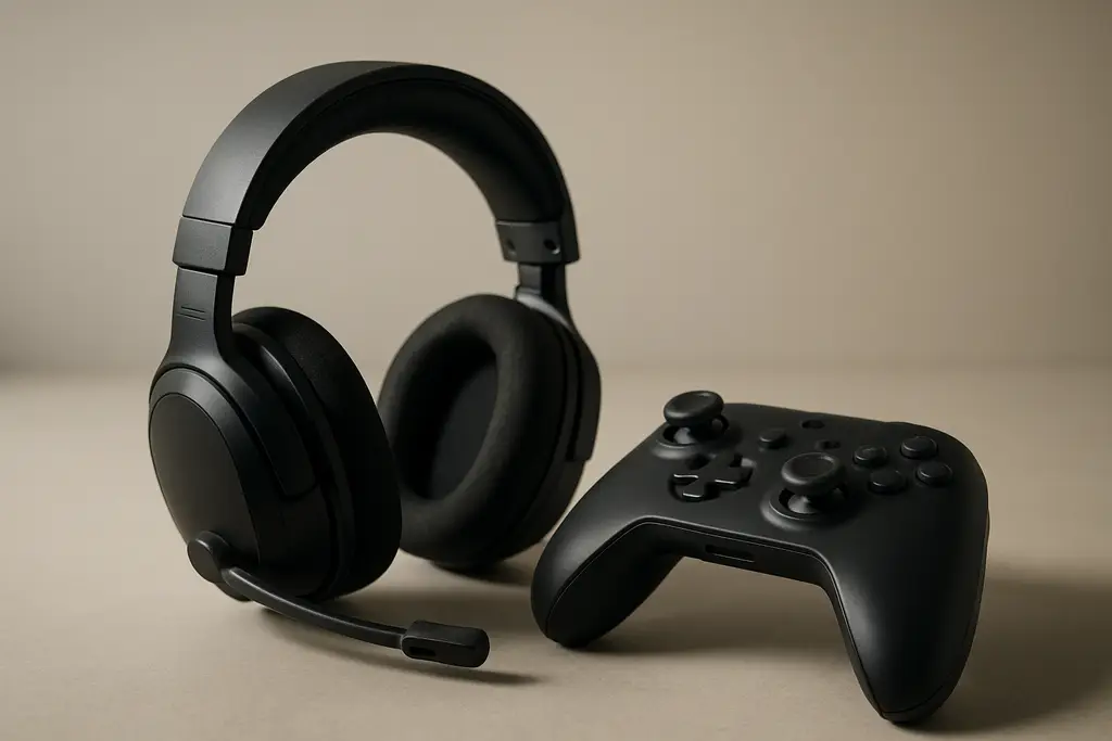Editorial photograph of a wireless gaming headset positioned next to a game controller on a desk