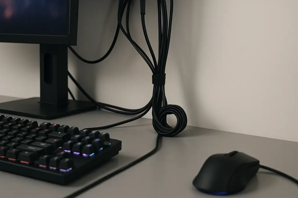 Editorial photograph of neatly bundled cables routed behind a desk setup