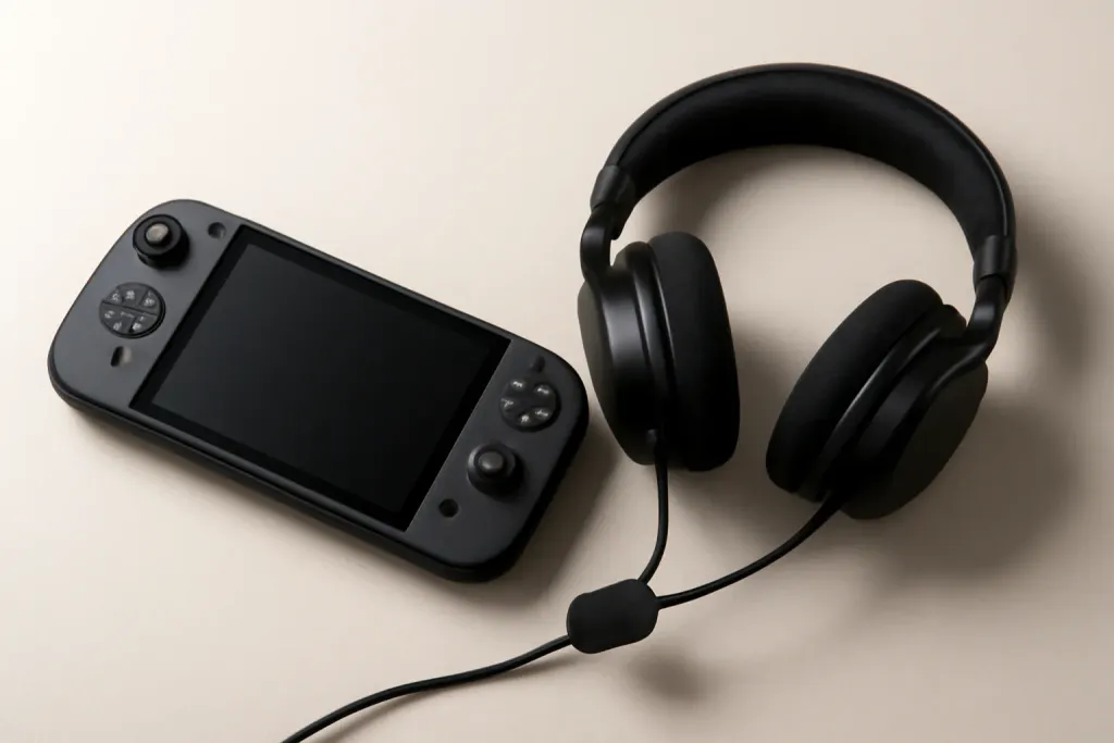 A handheld gaming console beside a wired gaming headset, showing headphone compatibility