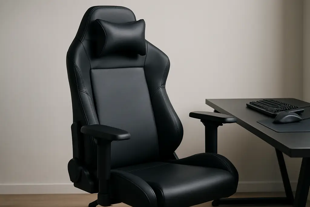Editorial photograph of a gaming chair with adjustable armrests beside a desk