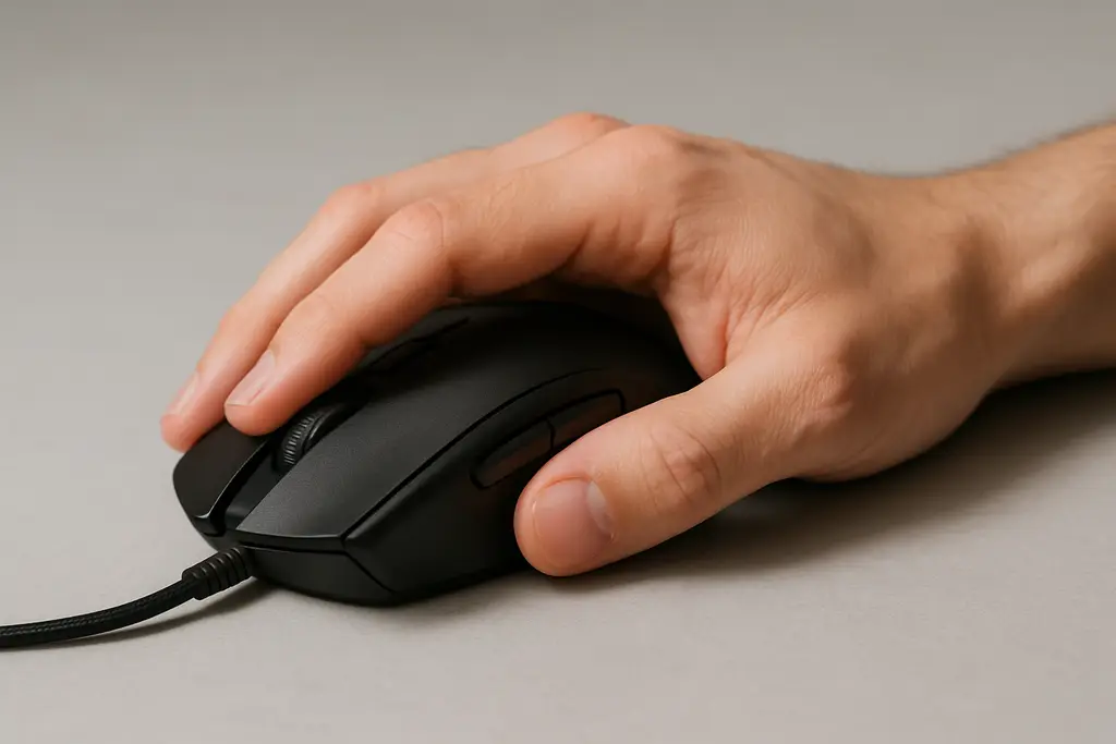 Editorial photograph of a hand resting on a gaming mouse in a relaxed palm grip position
