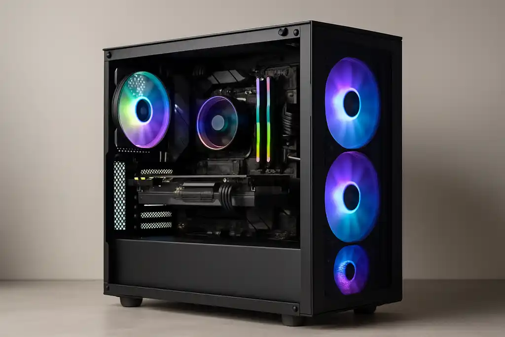 Editorial photograph of a gaming PC tower with internal components visible through a side panel