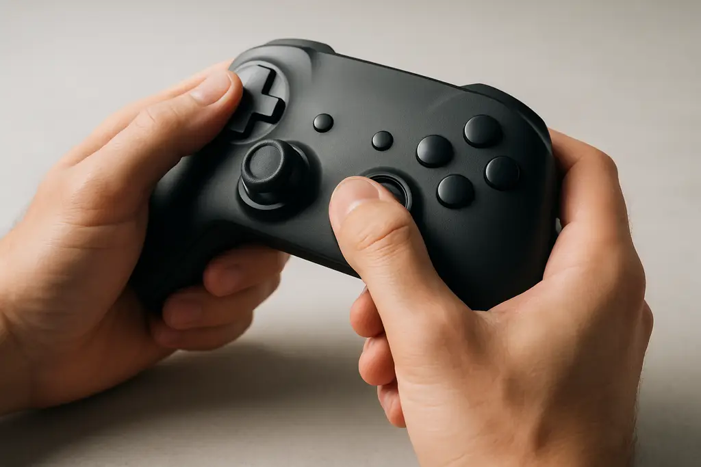 Editorial photograph of a game controller held in two hands with the analog stick visible