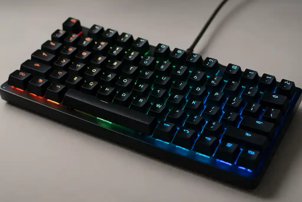 Editorial photograph of a mechanical gaming keyboard with visible keycaps and backlighting