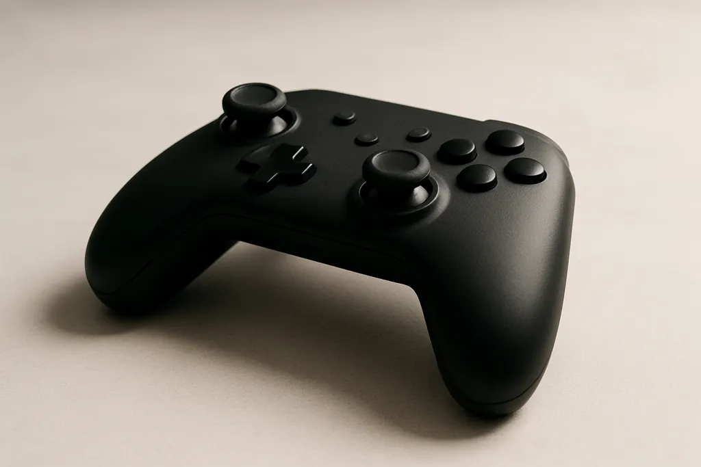 Editorial photograph of a wireless game controller with a compact grip design on a neutral surface
