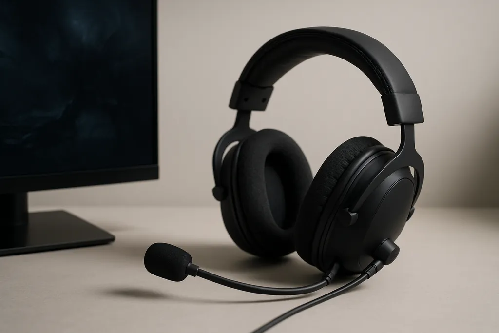 Editorial photograph of a gaming headset next to a television displaying a dark abstract scene