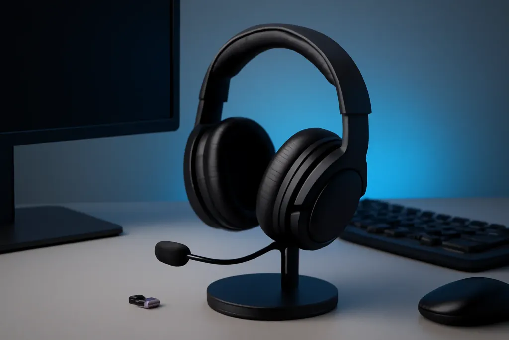 A wireless gaming headset near a PC desk setup, suggesting a wireless connectivity issue