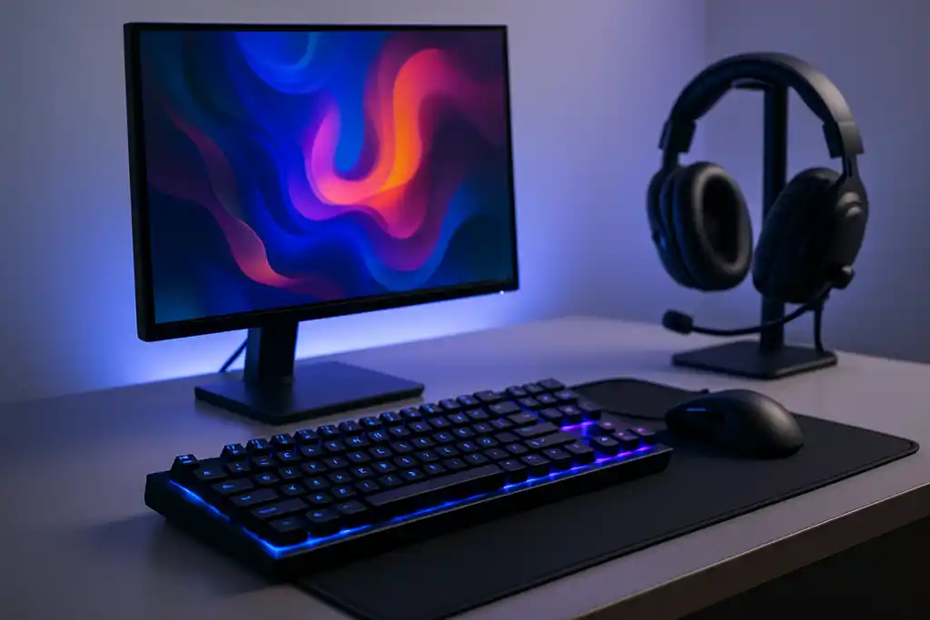 Editorial photograph of a modern gaming setup with a monitor, keyboard, mouse, and headset on a desk