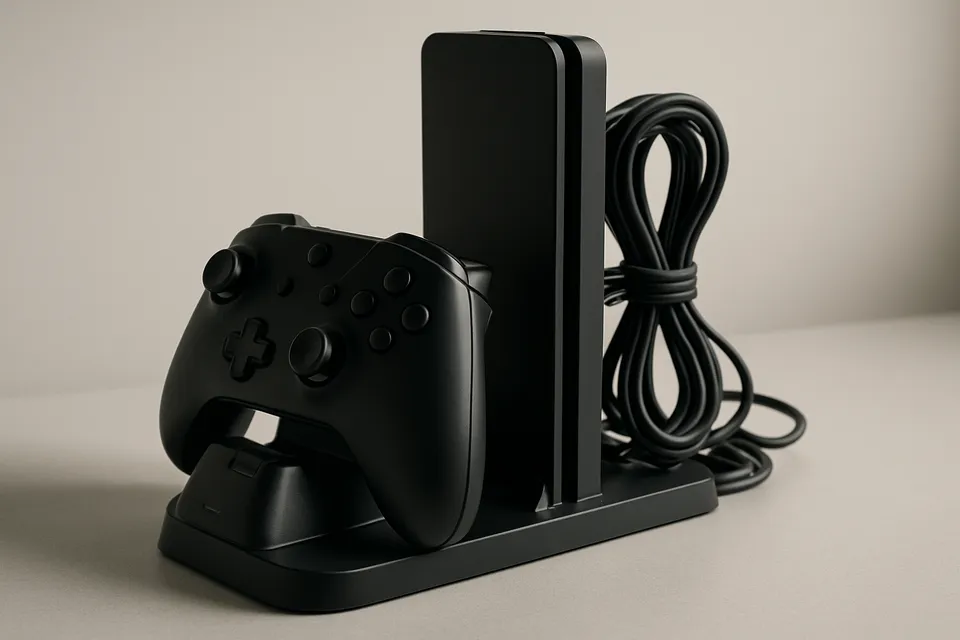Editorial photograph of a tidy gaming console setup with organized cables