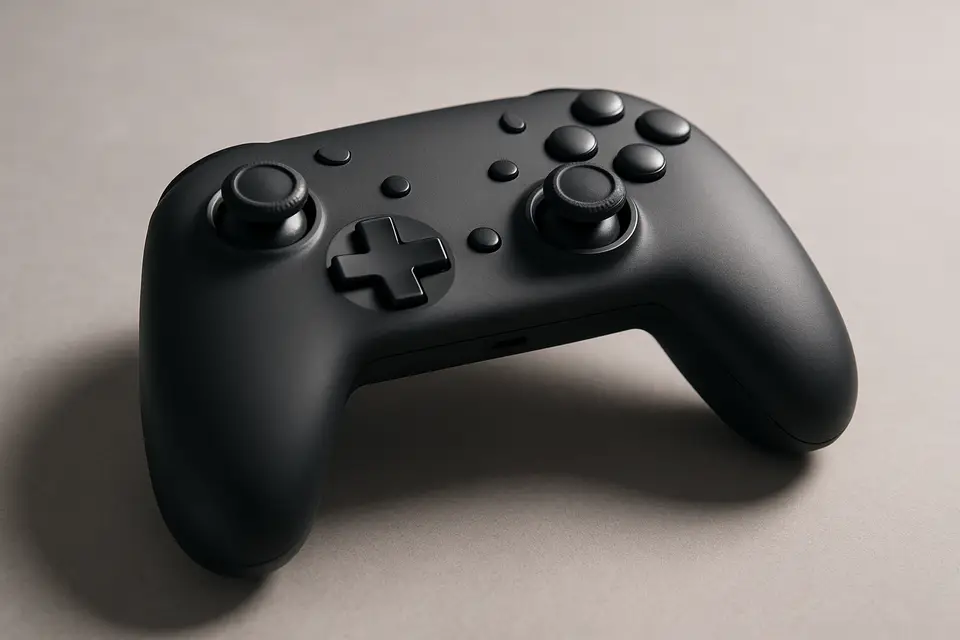 Editorial photograph of a modern wireless game controller on a neutral surface