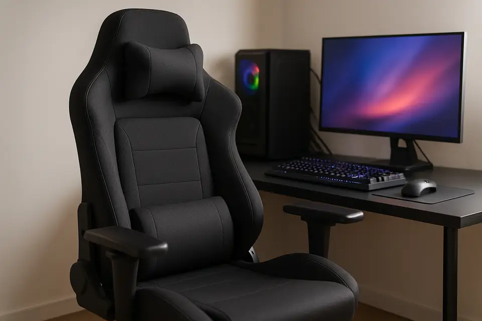 Editorial photograph of a gaming chair beside a desk setup