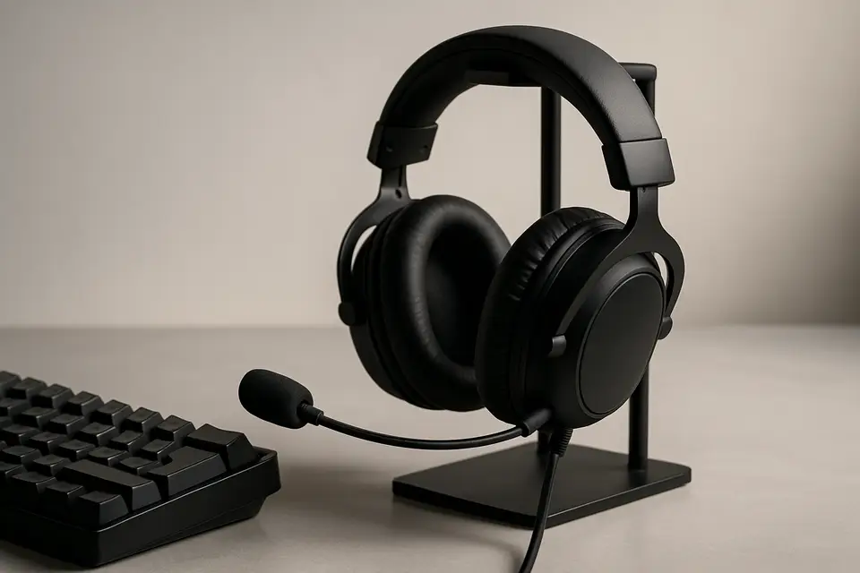 Editorial photograph of an over-ear gaming headset resting on a stand beside a keyboard