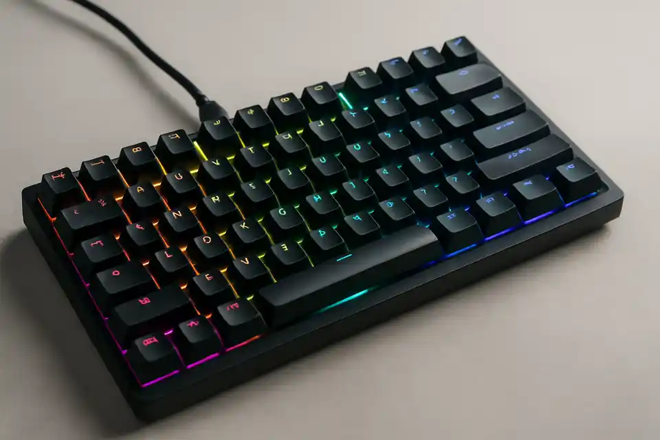 Editorial photograph of a mechanical gaming keyboard with backlit keys