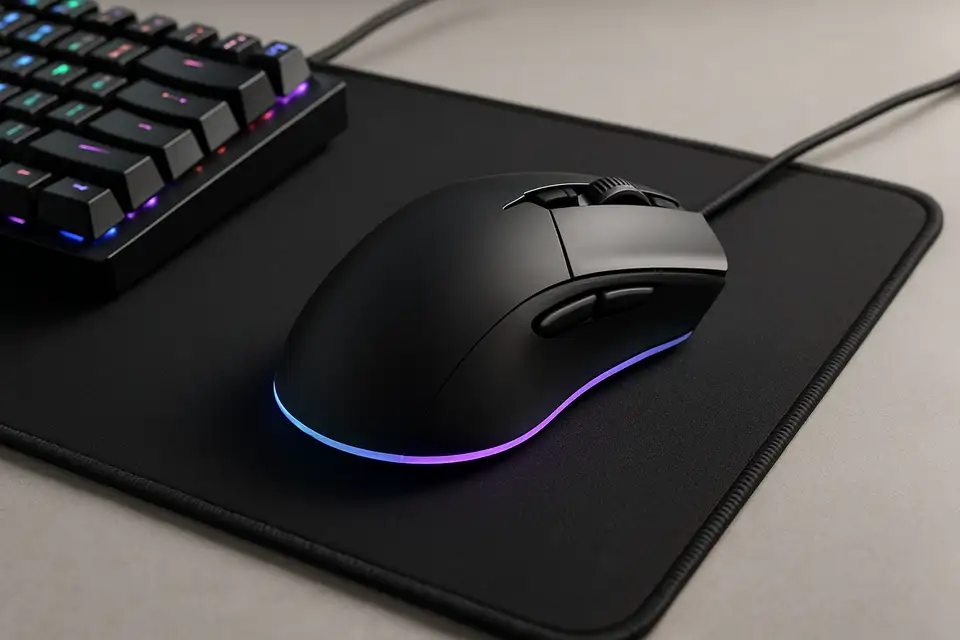 Editorial photograph of a gaming mouse on a desk mat next to a keyboard