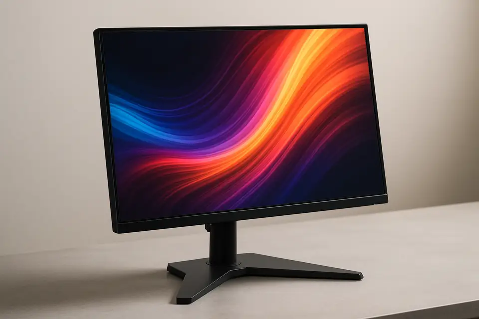 Editorial photograph of a gaming monitor displaying a colorful abstract pattern on a desk