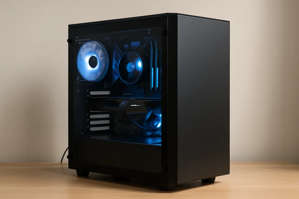 Editorial photograph of a gaming PC tower with internal lighting on a desk